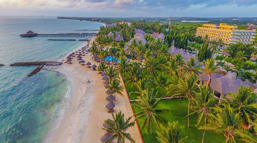 Aerial view of White Sands Resort and its beachfront in Dar es Salaam